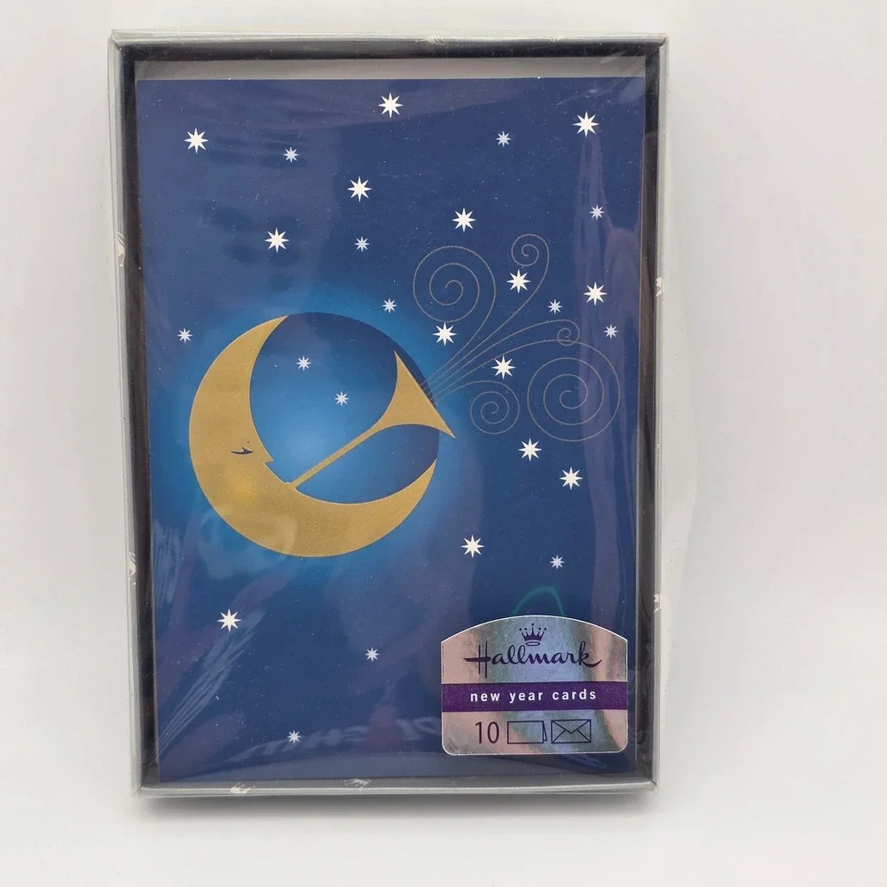 Vtg Hallmark New Year Cards 9ct Blue Gold Celestial Moon Stars Y2K Whimsical 90s